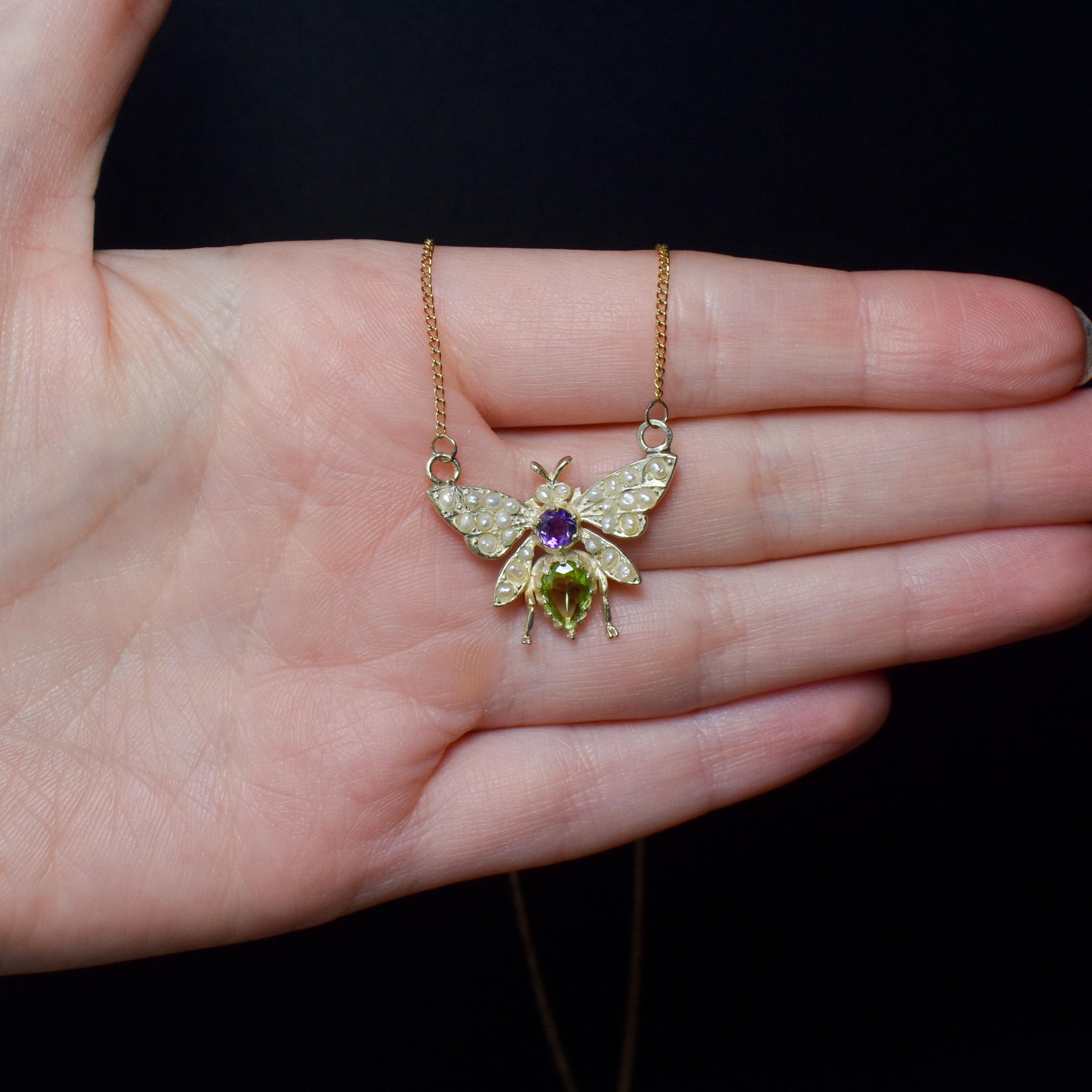 Amethyst Peridot and Pearl Butterfly Insect 18ct Gold Gilded Pendant and Chain Necklace