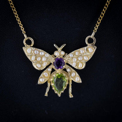 Amethyst Peridot and Pearl Butterfly Insect 18ct Gold Gilded Pendant and Chain Necklace