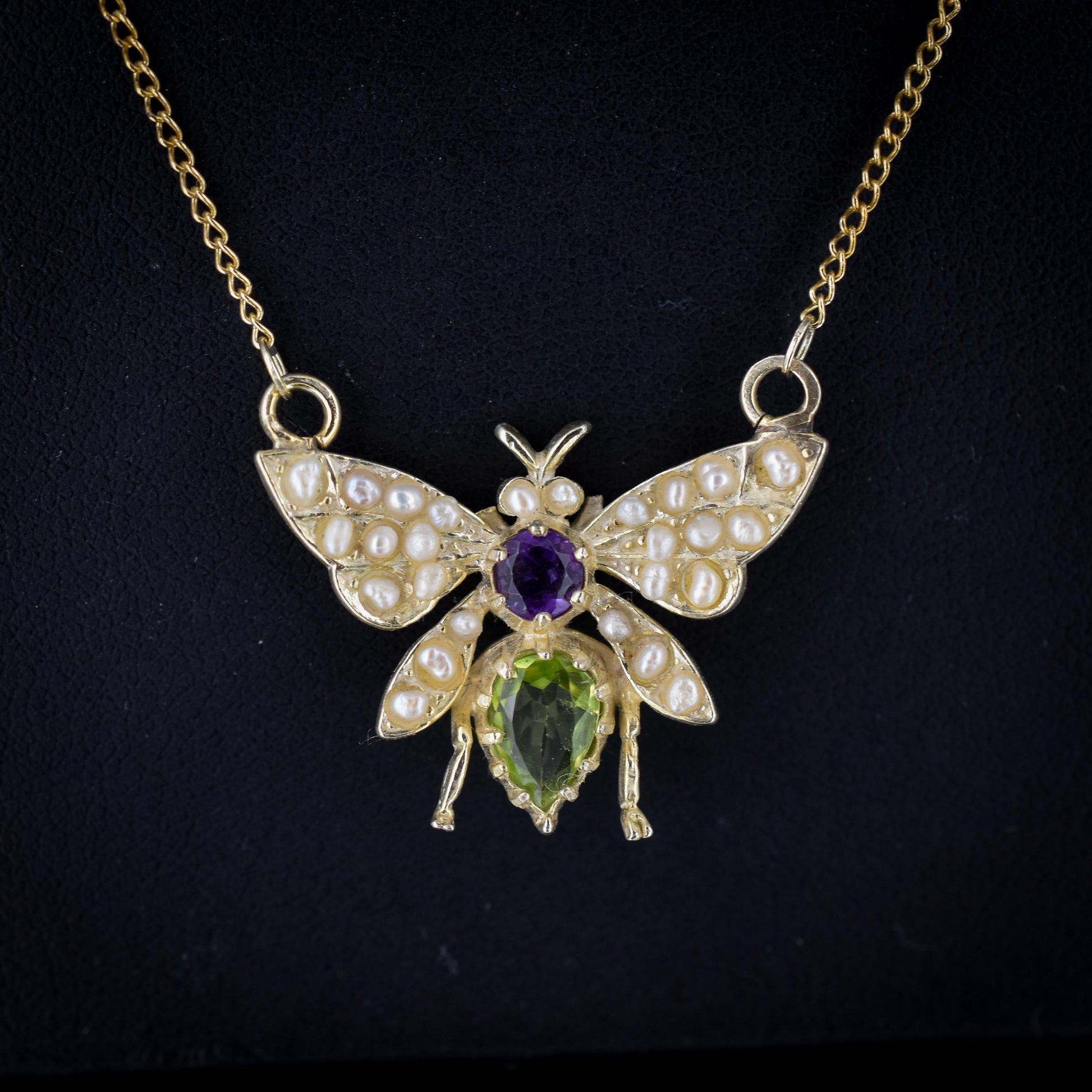 Amethyst Peridot and Pearl Butterfly Insect 18ct Gold Gilded Pendant and Chain Necklace