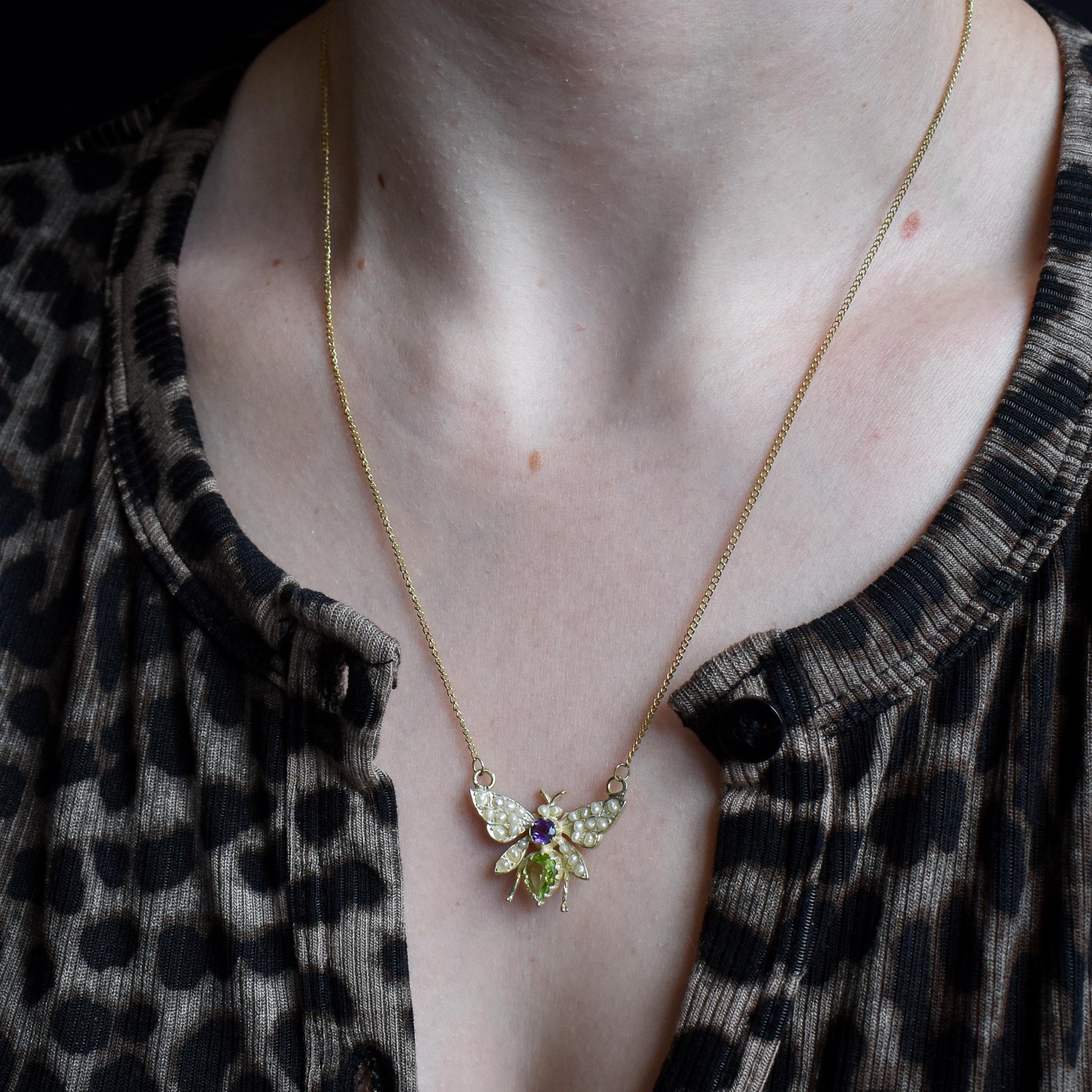 Amethyst Peridot and Pearl Butterfly Insect 18ct Gold Gilded Pendant and Chain Necklace