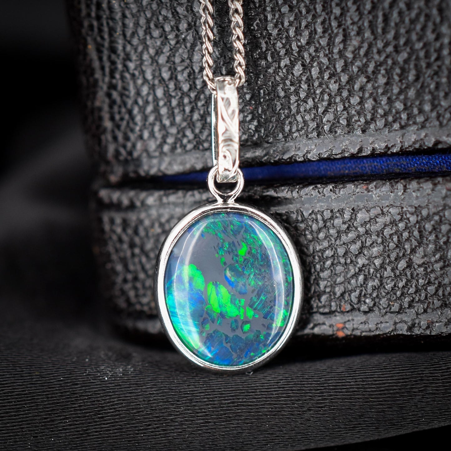 1.87ct Natural Solid Black Opal Oval Platinum Charm Pendant