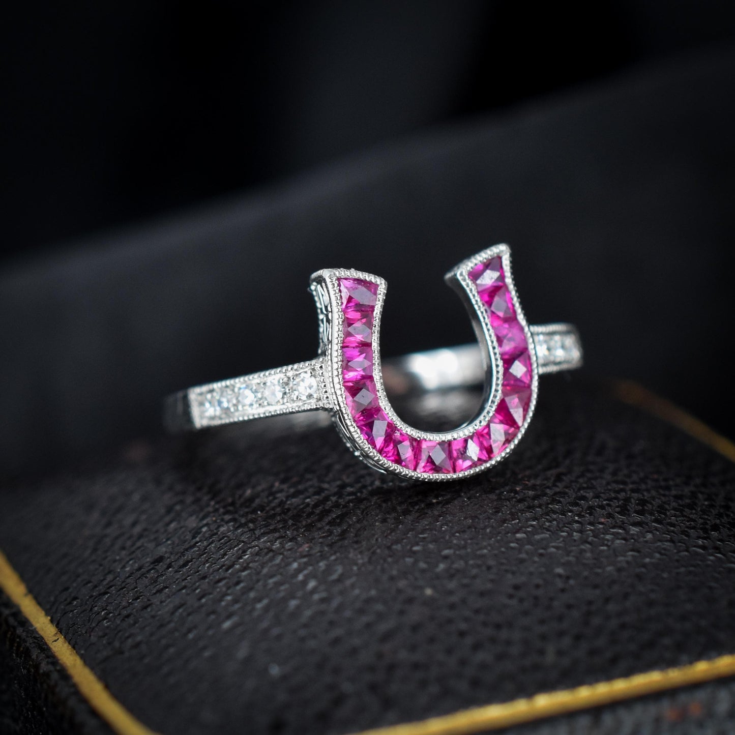 French Cut 0.55ct Ruby and Diamond Horseshoe Platinum Ring