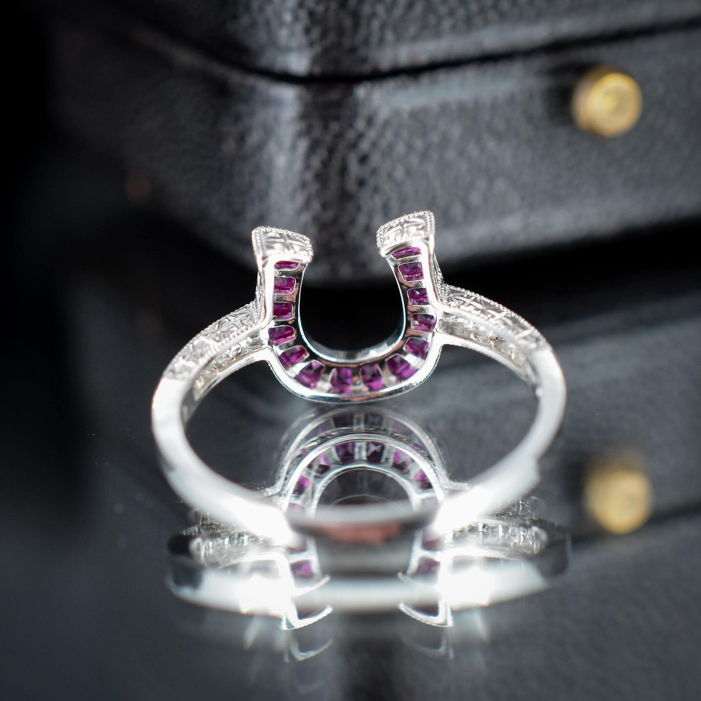 French Cut 0.55ct Ruby and Diamond Horseshoe Platinum Ring