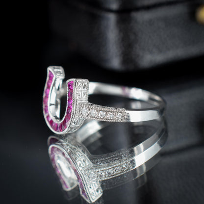 French Cut 0.55ct Ruby and Diamond Horseshoe Platinum Ring