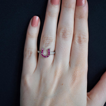 French Cut 0.55ct Ruby and Diamond Horseshoe Platinum Ring