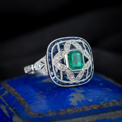 Art Deco Style Natural Emerald Diamond and Sapphire Platinum Cocktail Ring