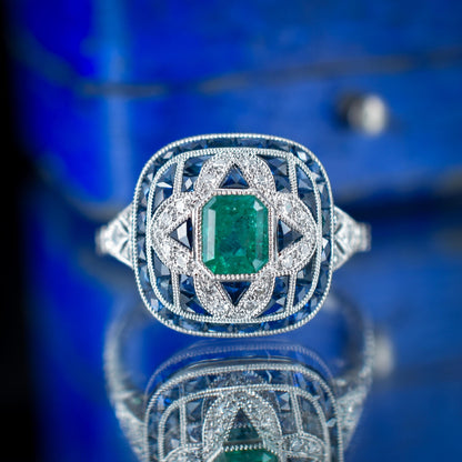 Art Deco Style Natural Emerald Diamond and Sapphire Platinum Cocktail Ring