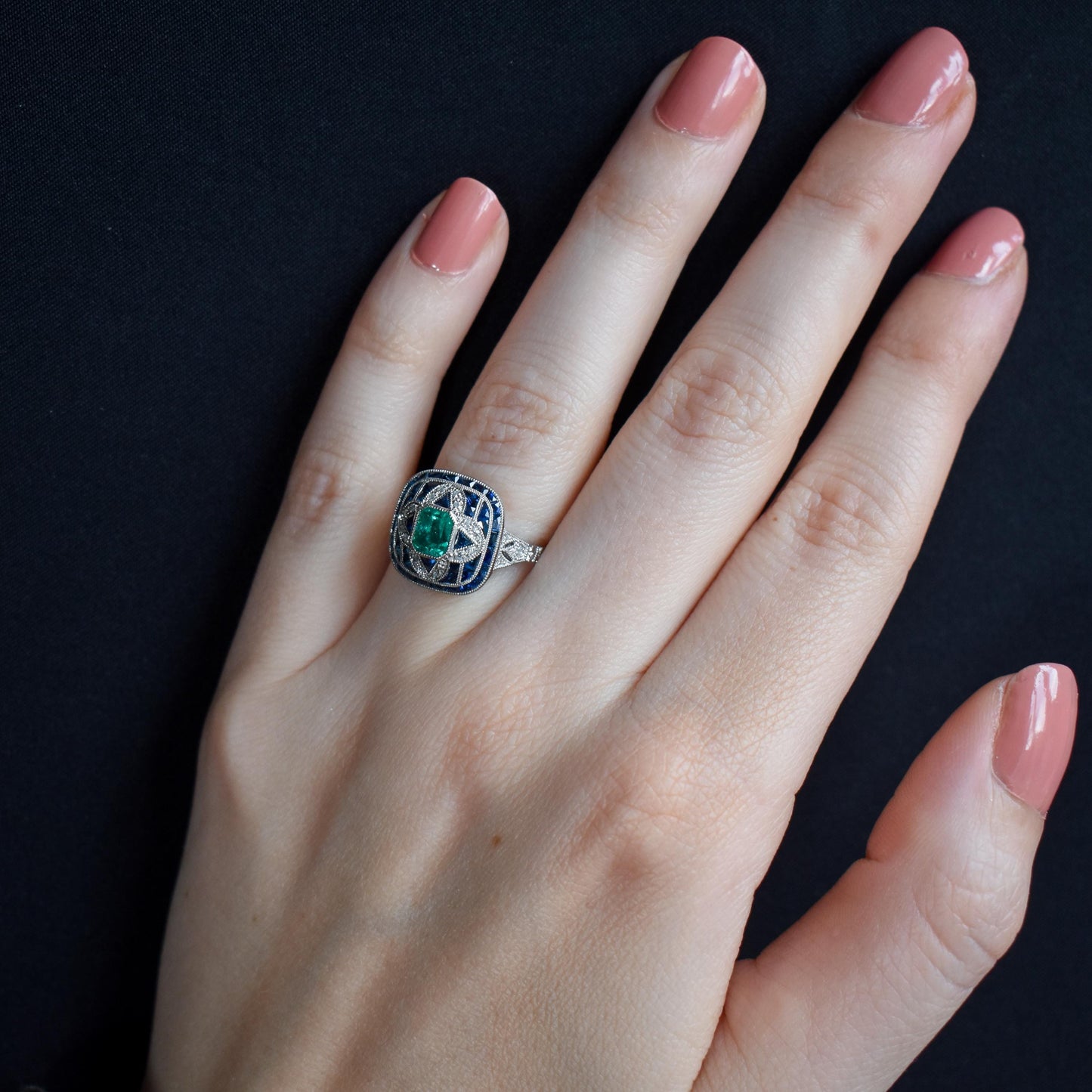 Art Deco Style Natural Emerald Diamond and Sapphire Platinum Cocktail Ring