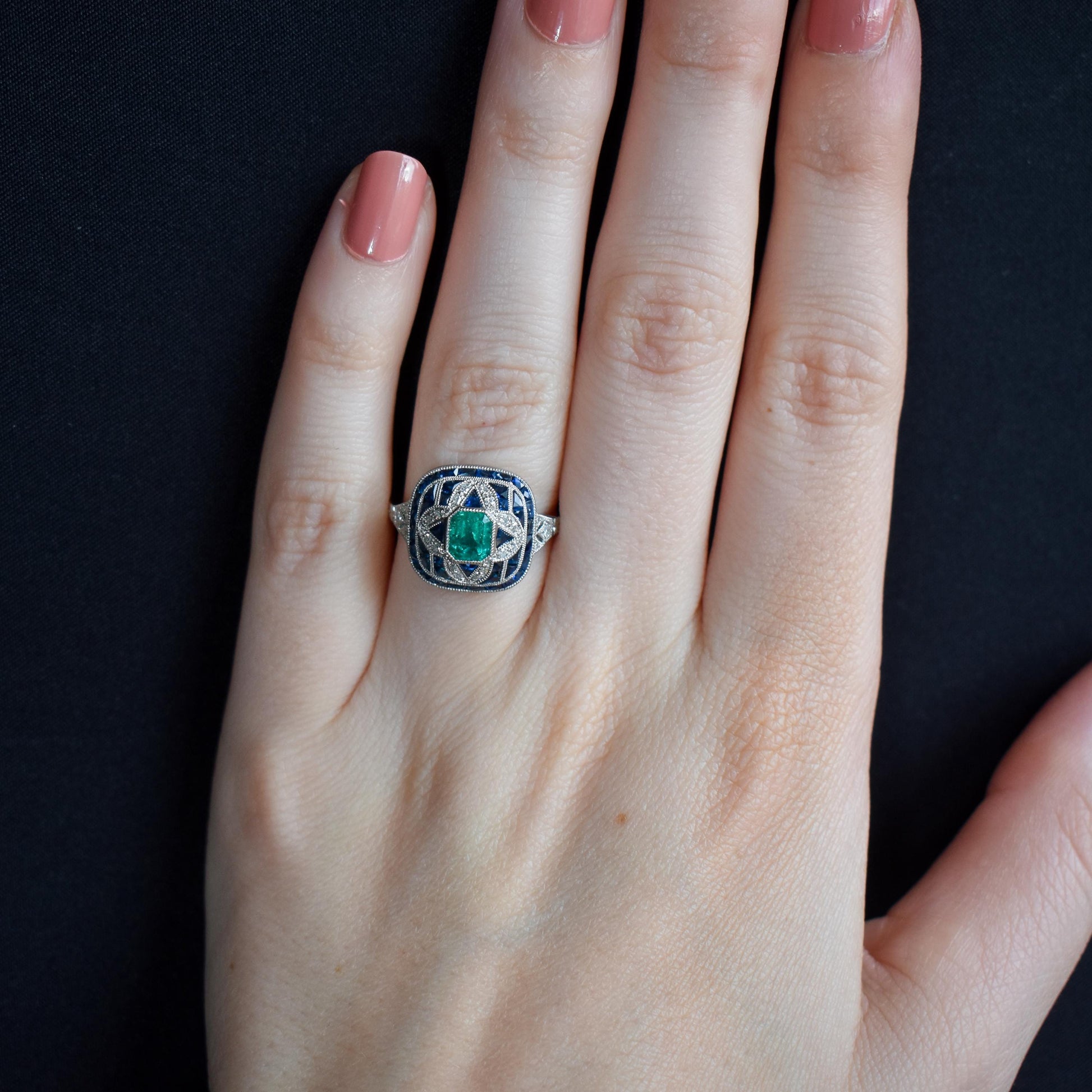 Art Deco Style Natural Emerald Diamond and Sapphire Platinum Cocktail Ring