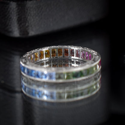 French Cut Multi Colour Sapphire Rainbow Full Eternity Platinum Band Ring