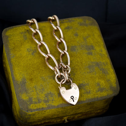 Antique Edwardian 9ct Gold Heart Padlock Fancy Curb Bracelet