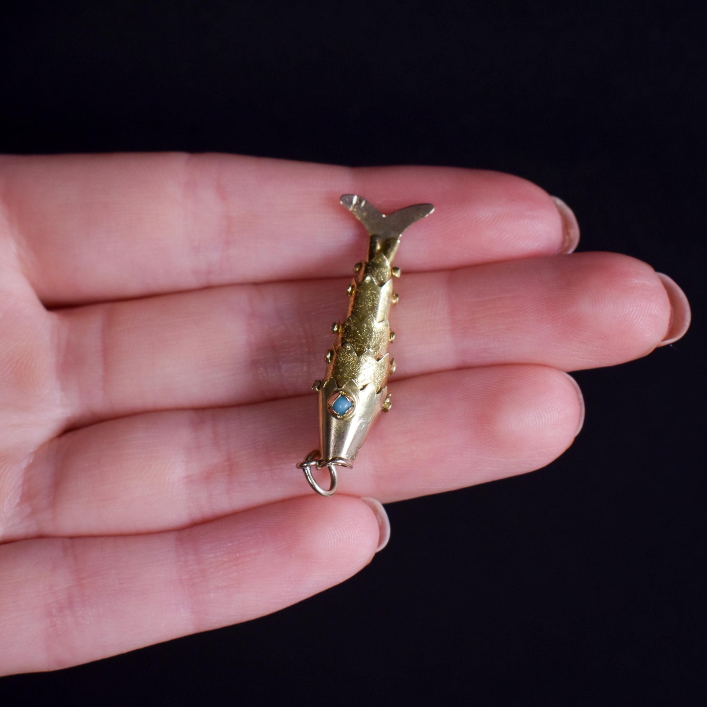 Vintage 14ct Yellow Gold Turquoise Articulated Fish Charm