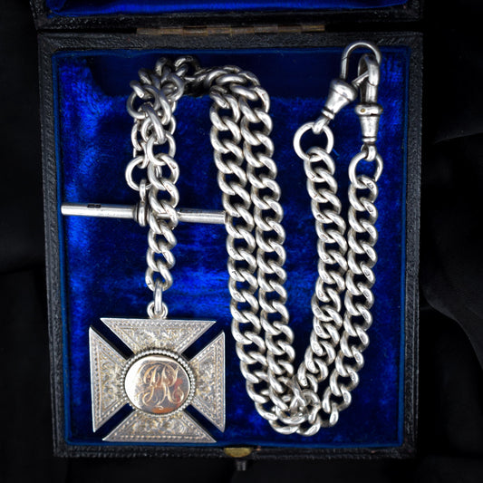 Antique Sterling Silver Curb Link Albert Watch Chain Necklace with T-Bar, Medal and Dog Clips – 18.5"