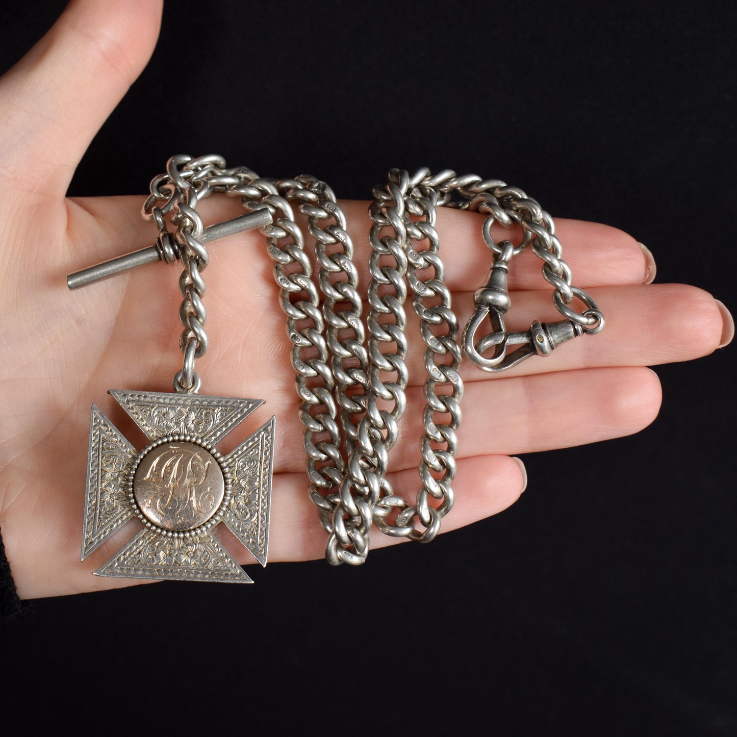 Antique Sterling Silver Curb Link Albert Watch Chain Necklace with T-Bar, Medal and Dog Clips – 18.5"