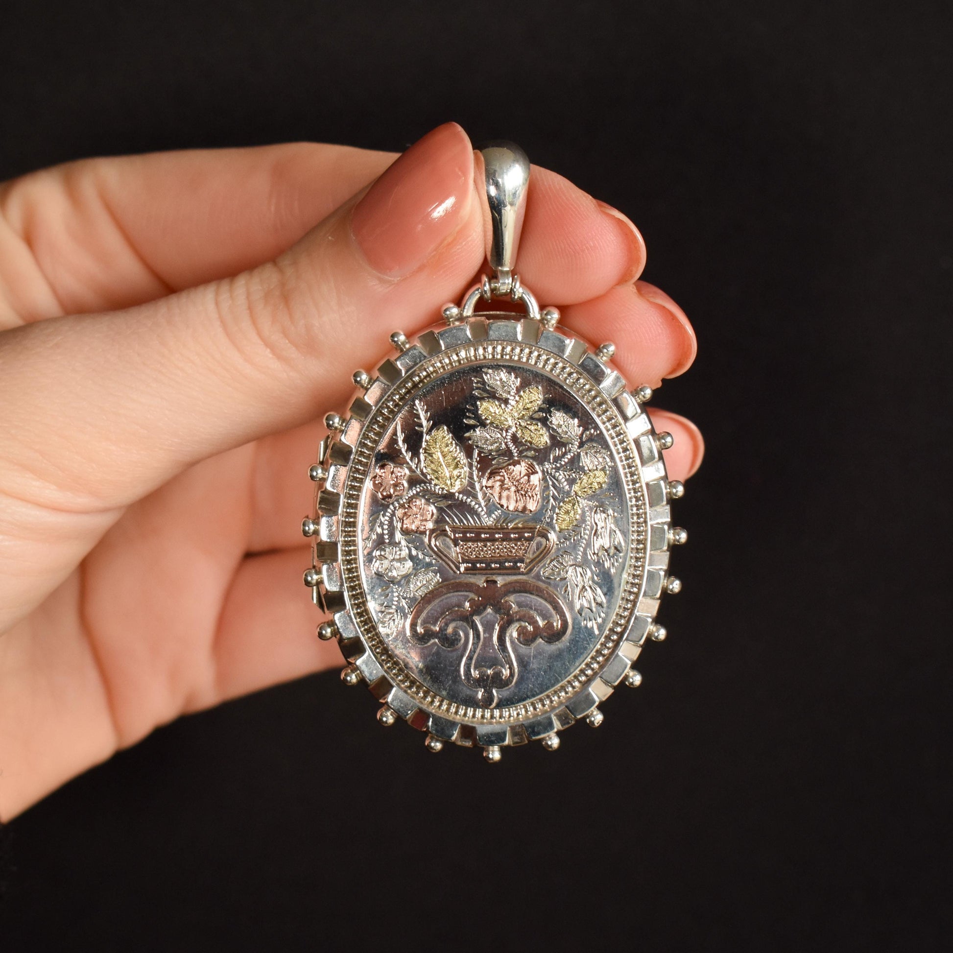 Antique Victorian Silver and Gold Oval Floral Photo Locket Pendant | Dated 1883