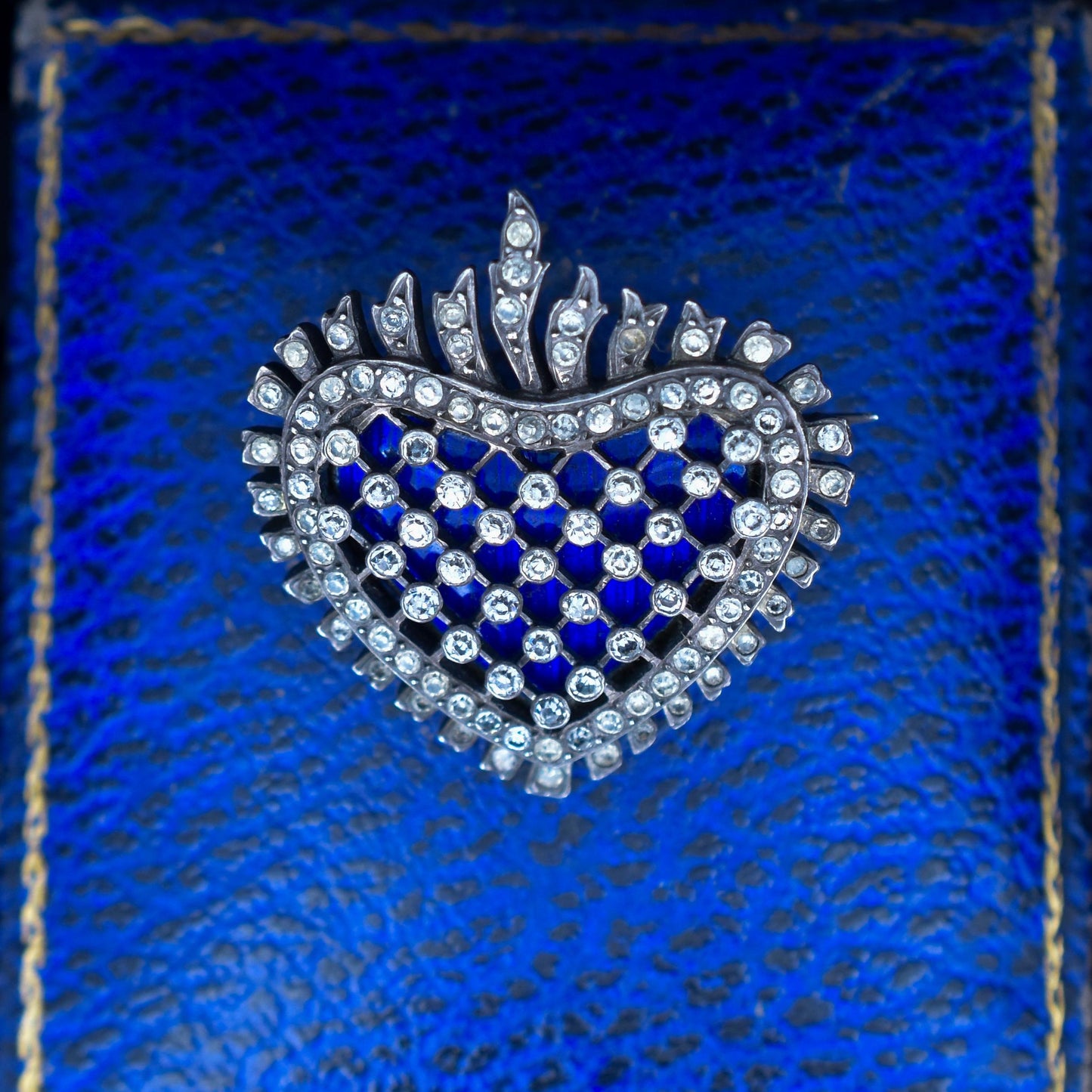 Antique Flaming Heart Paste Blue Enamel Silver Brooch Pin