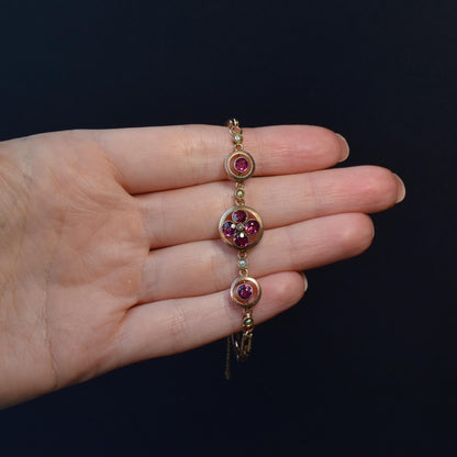 Antique Edwardian 9ct Gold Garnet and Pearl Bracelet | Murrle Bennett