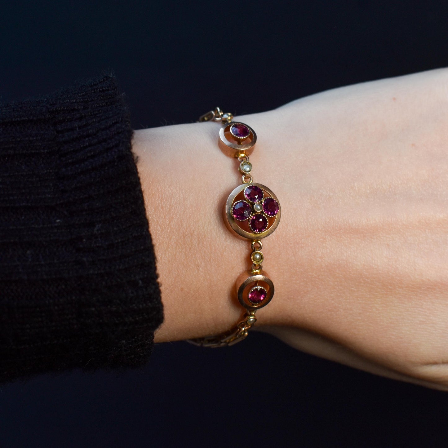 Antique Edwardian 9ct Gold Garnet and Pearl Bracelet | Murrle Bennett