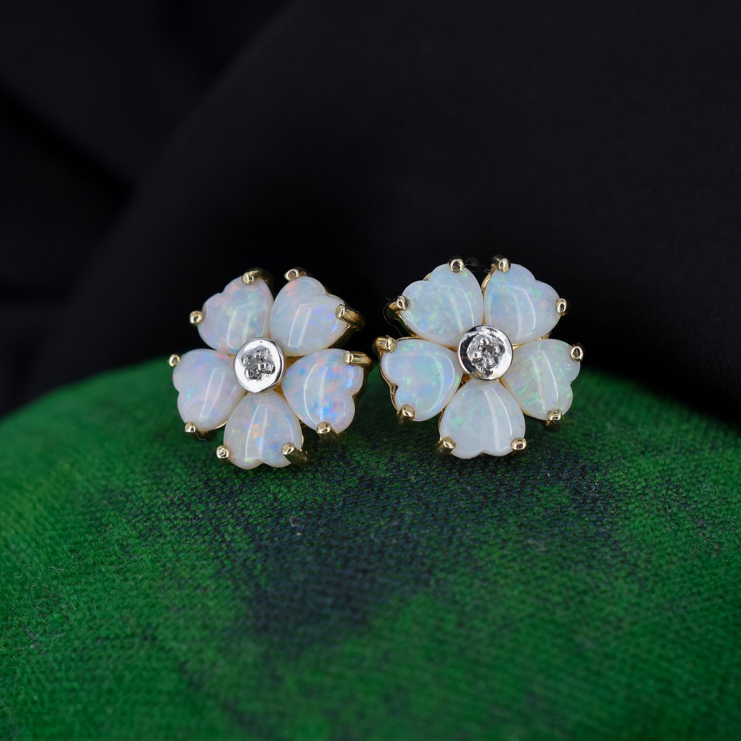 Heart Opal and Diamond Flower Gold Stud Earrings, Studs