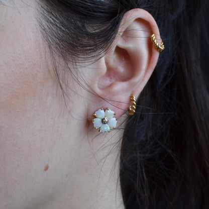 Heart Opal and Diamond Flower Gold Stud Earrings, Studs