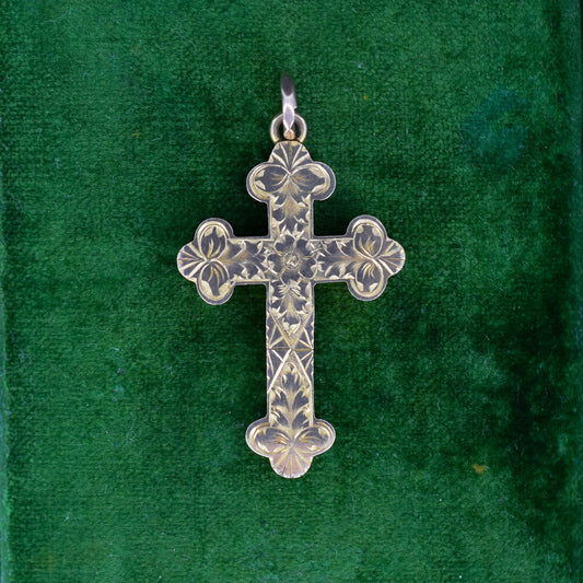 Antique Edwardian 9ct Gold Engraved Cross Pendant | Birmingham 1908