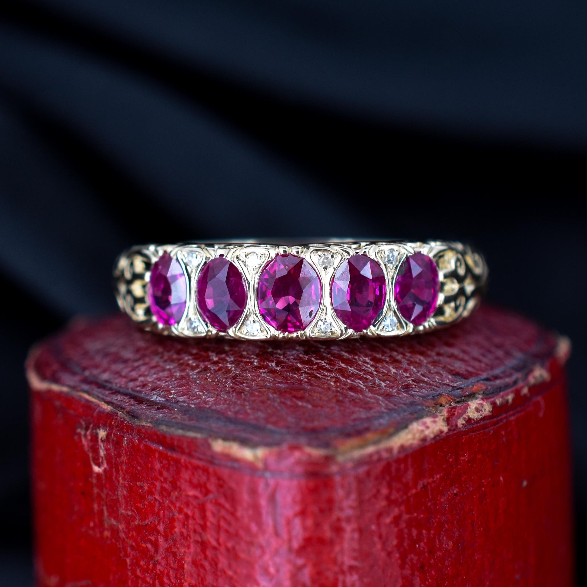 Ruby and Diamond 14ct Yellow Gold Five Stone Scroll Ring