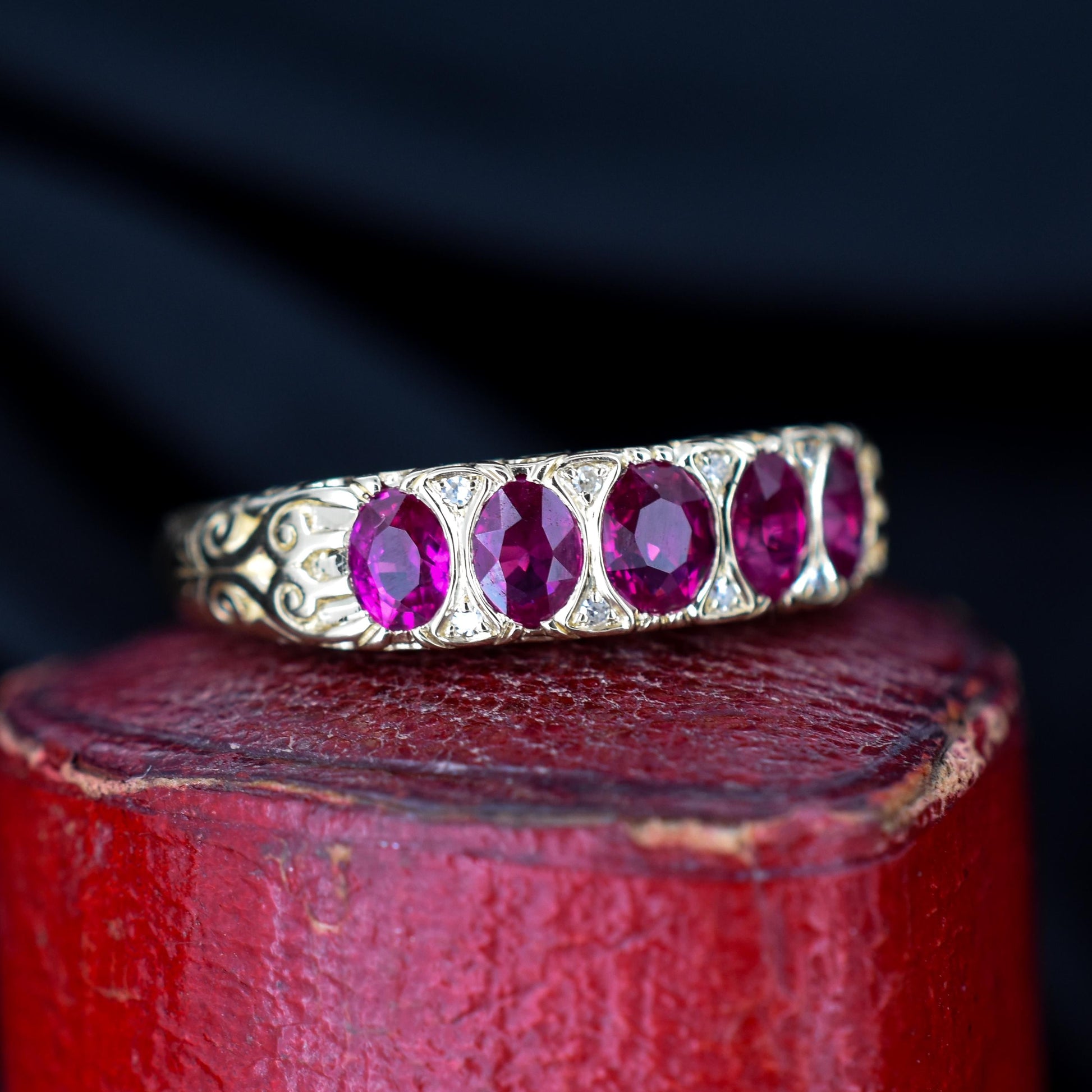 Ruby and Diamond 14ct Yellow Gold Five Stone Scroll Ring