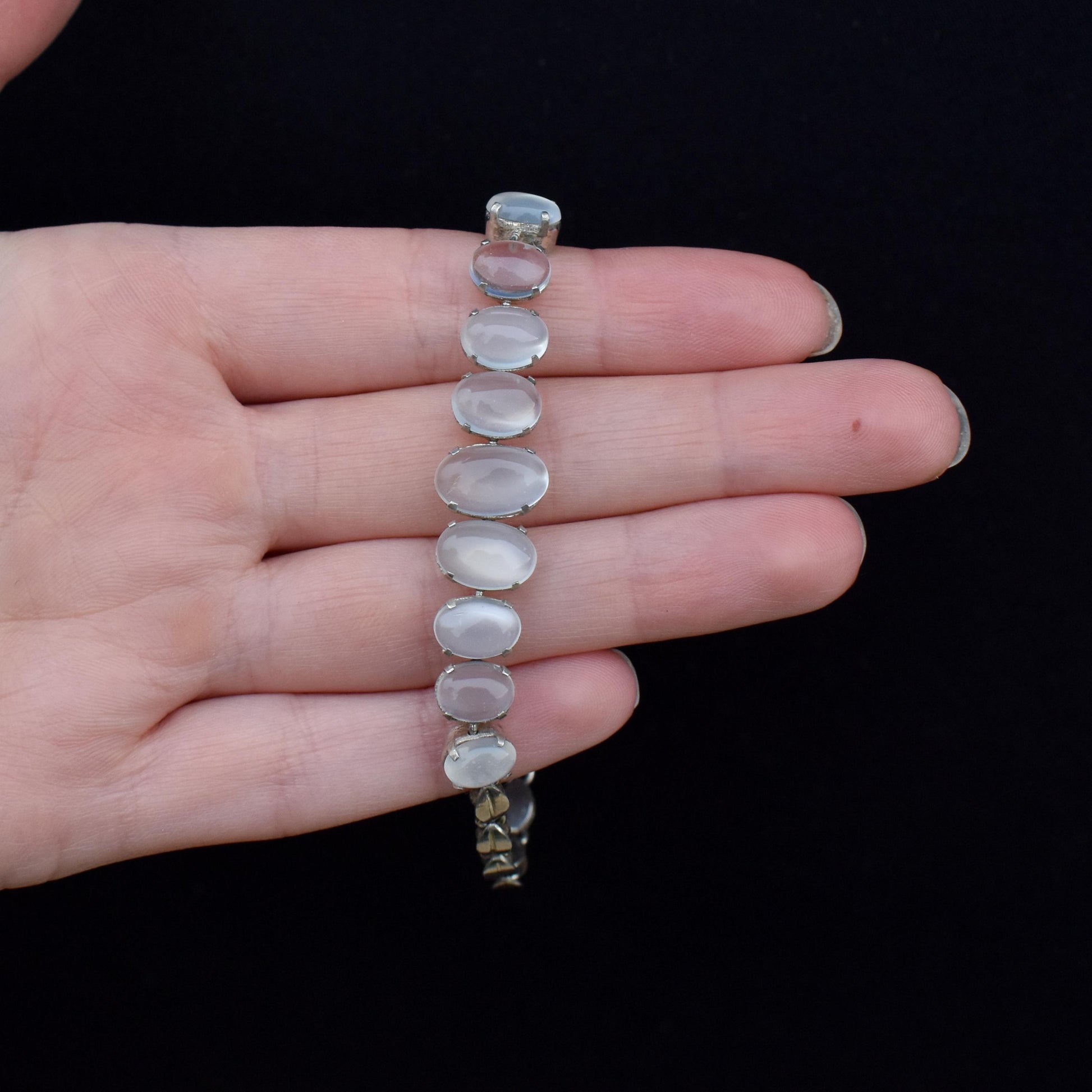 Antique Cabochon Moonstone Sterling Silver Bracelet