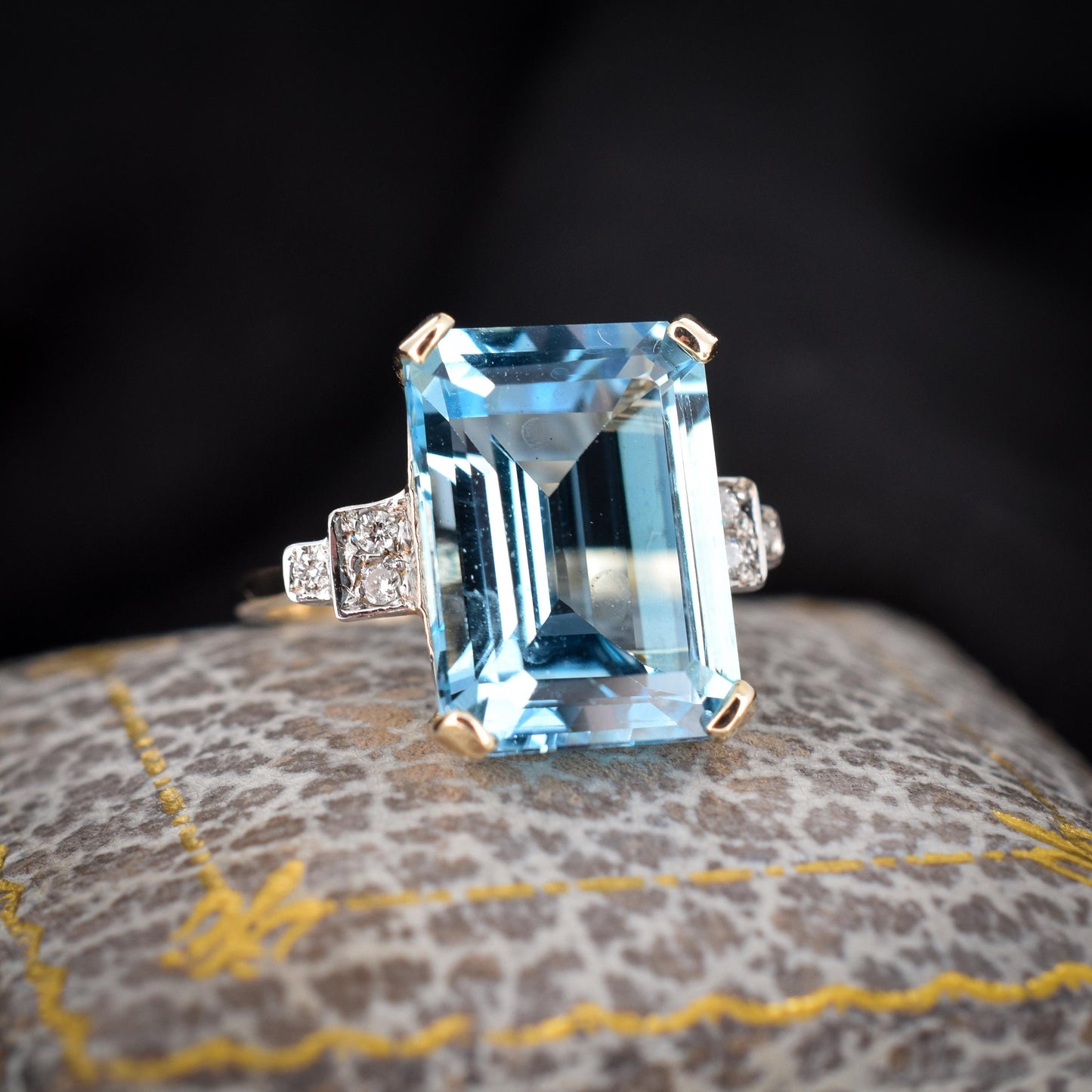 Blue Topaz and Diamond Gold Statement Cocktail Ring | Art Deco Style