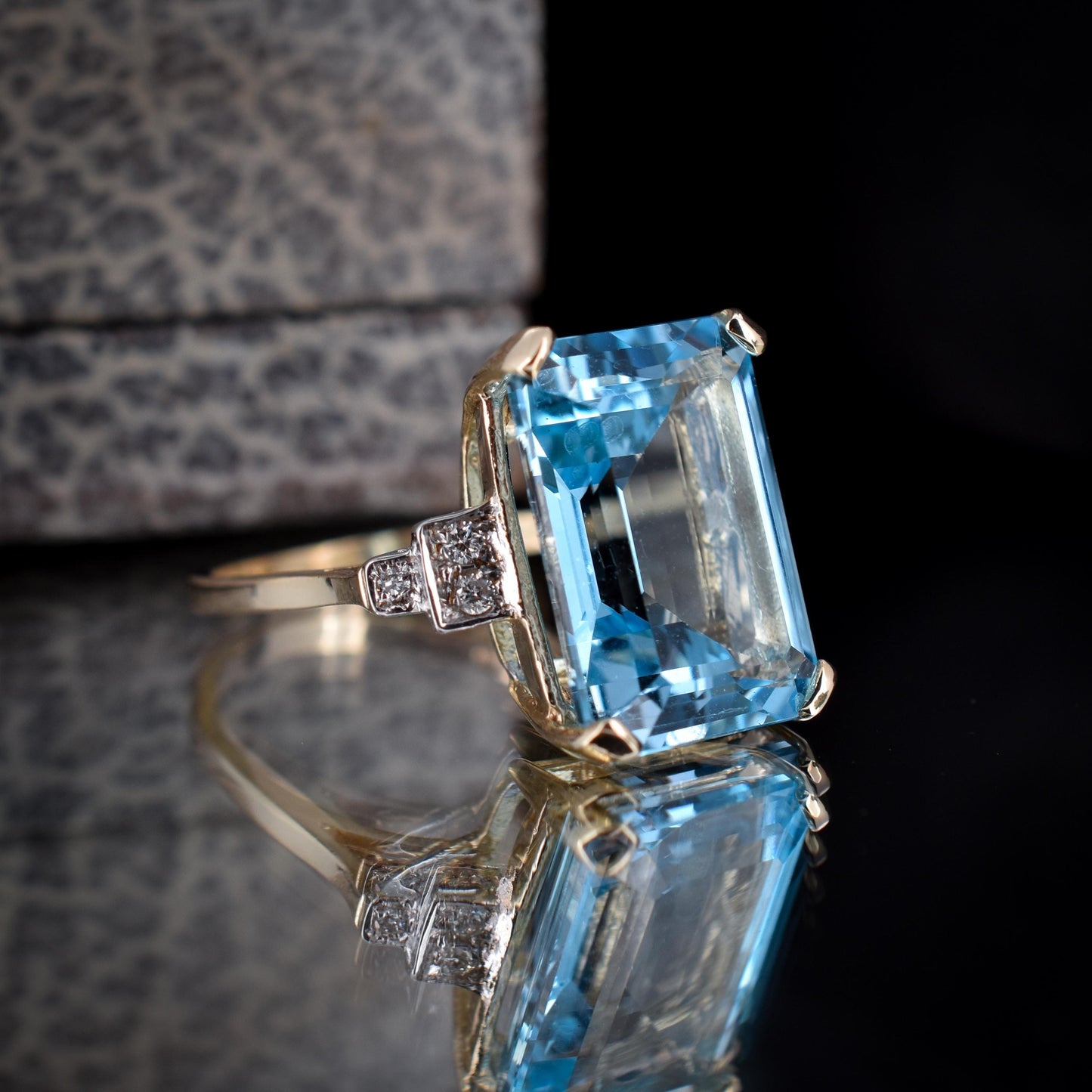 Blue Topaz and Diamond Gold Statement Cocktail Ring | Art Deco Style