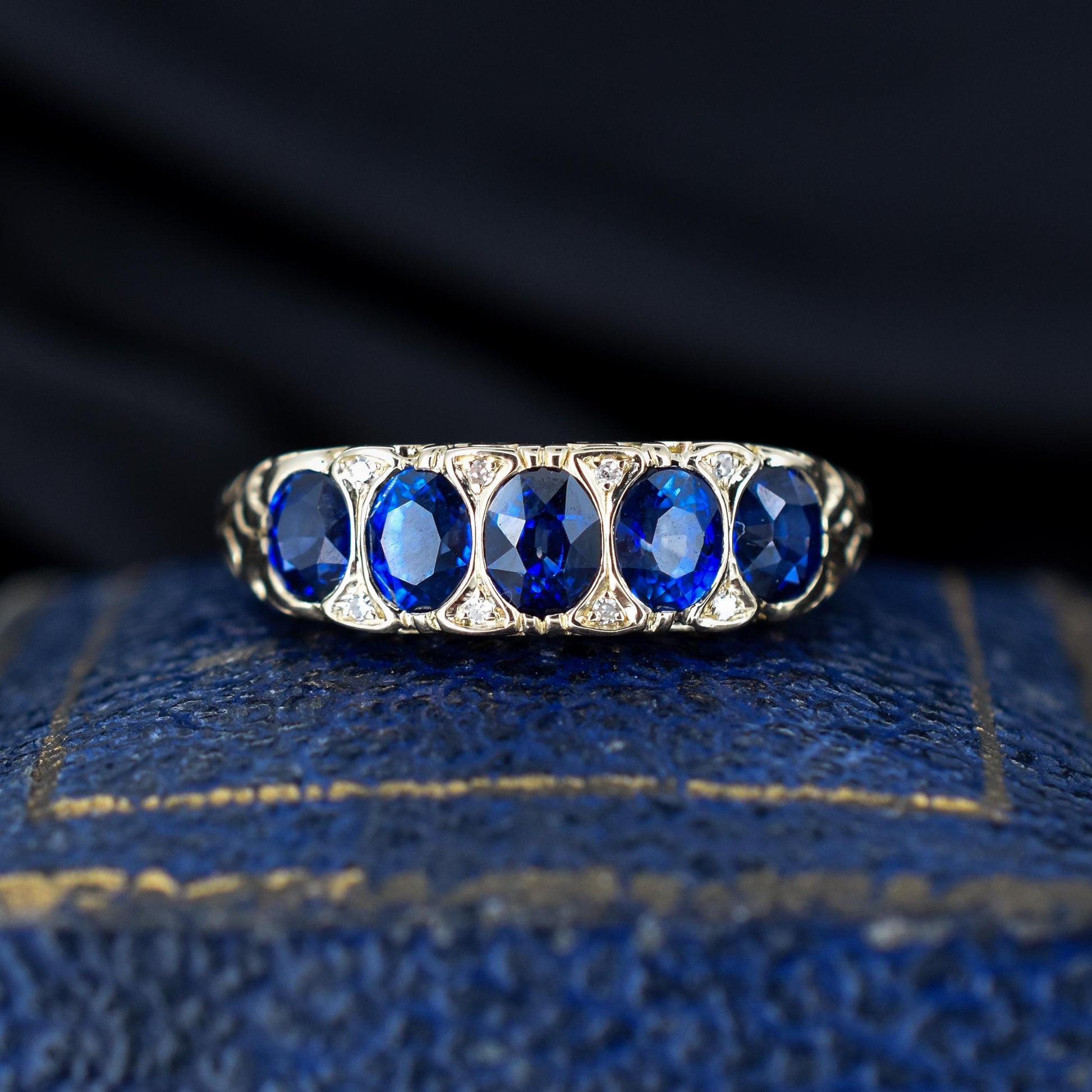 Blue Sapphire and Diamond 14ct Yellow Gold Five Stone Scroll Ring