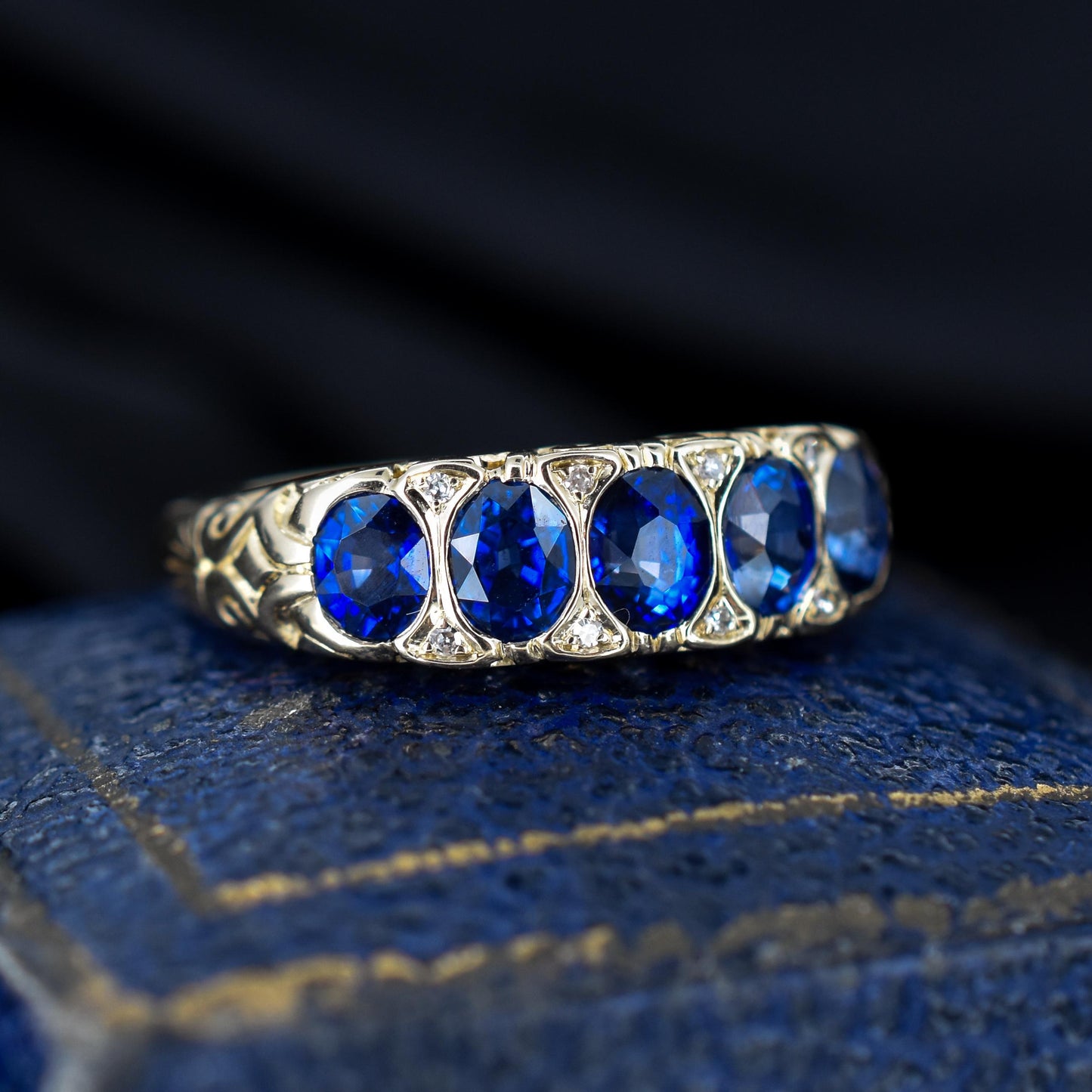 Blue Sapphire and Diamond 14ct Yellow Gold Five Stone Scroll Ring