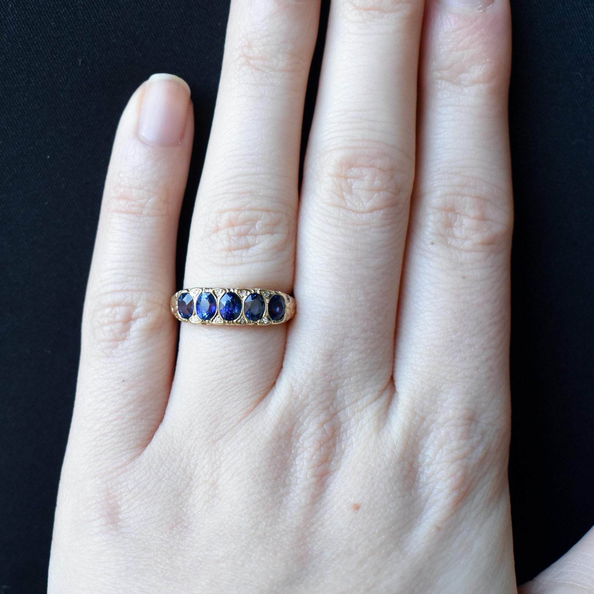 Blue Sapphire and Diamond 14ct Yellow Gold Five Stone Scroll Ring