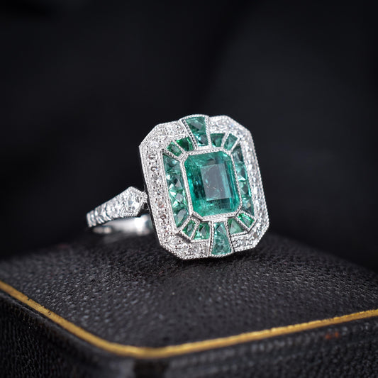 Art Deco Style Natural Colombian Emerald and Diamond Platinum Cocktail Ring | Certified