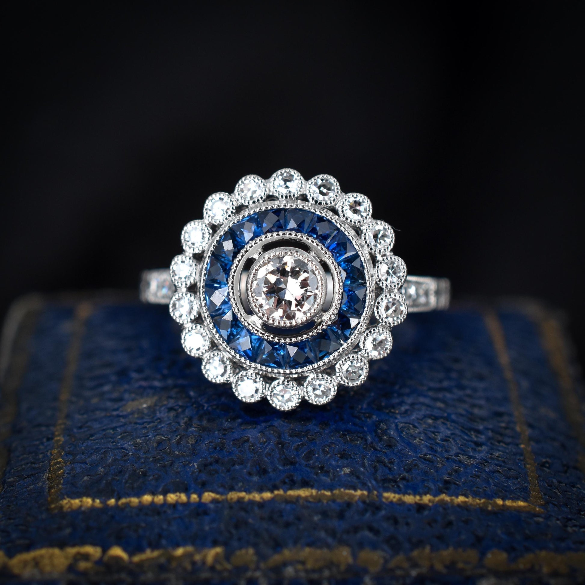 Art Deco Style Sapphire and Diamond Platinum Target Halo Ring