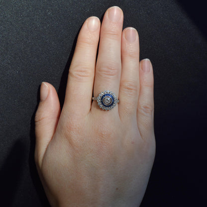 Art Deco Style Sapphire and Diamond Platinum Target Halo Ring