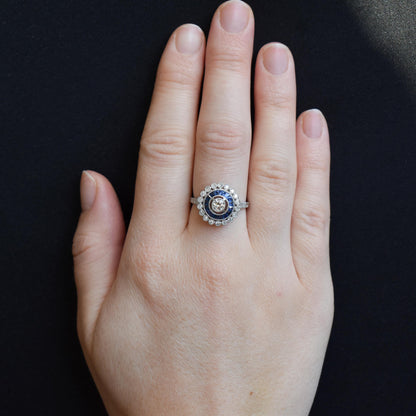 Art Deco Style Sapphire and Diamond Platinum Target Halo Ring