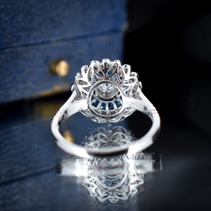 Art Deco Style Sapphire and Diamond Platinum Target Halo Ring