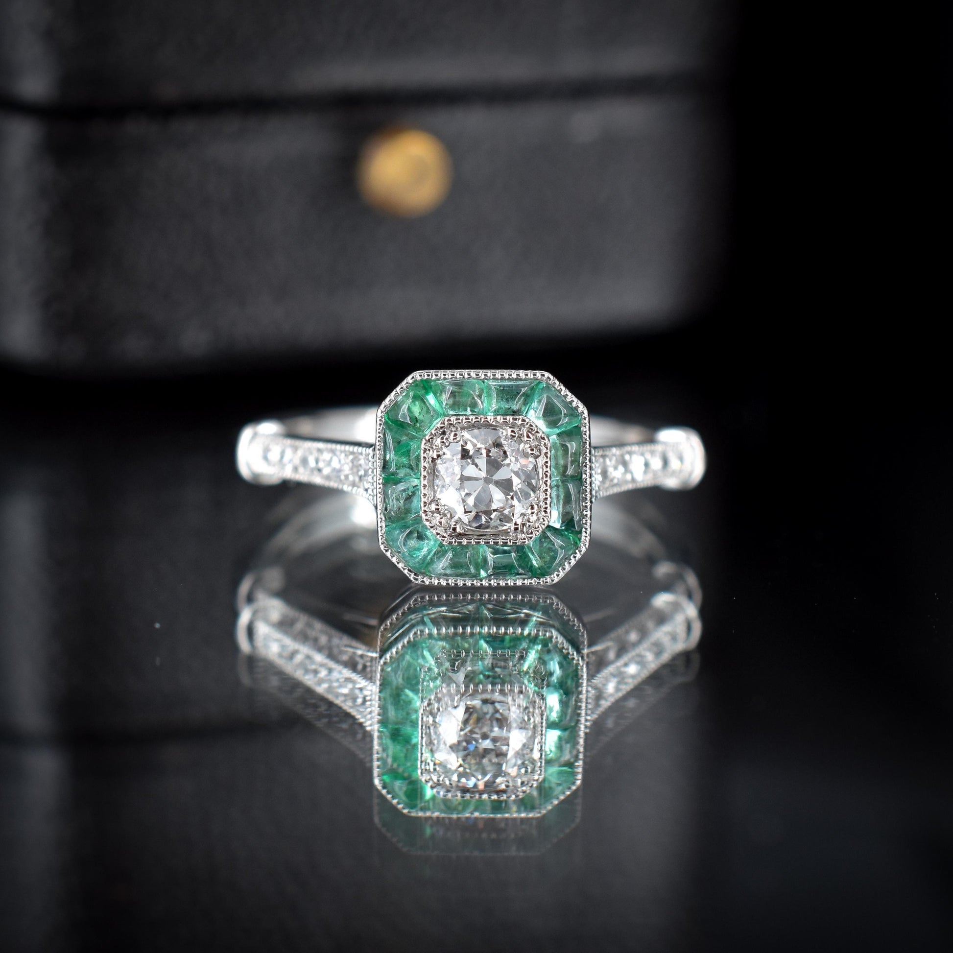 Emerald and Old Cut Diamond Cluster Halo Platinum Ring | Engagement | Art Deco Style