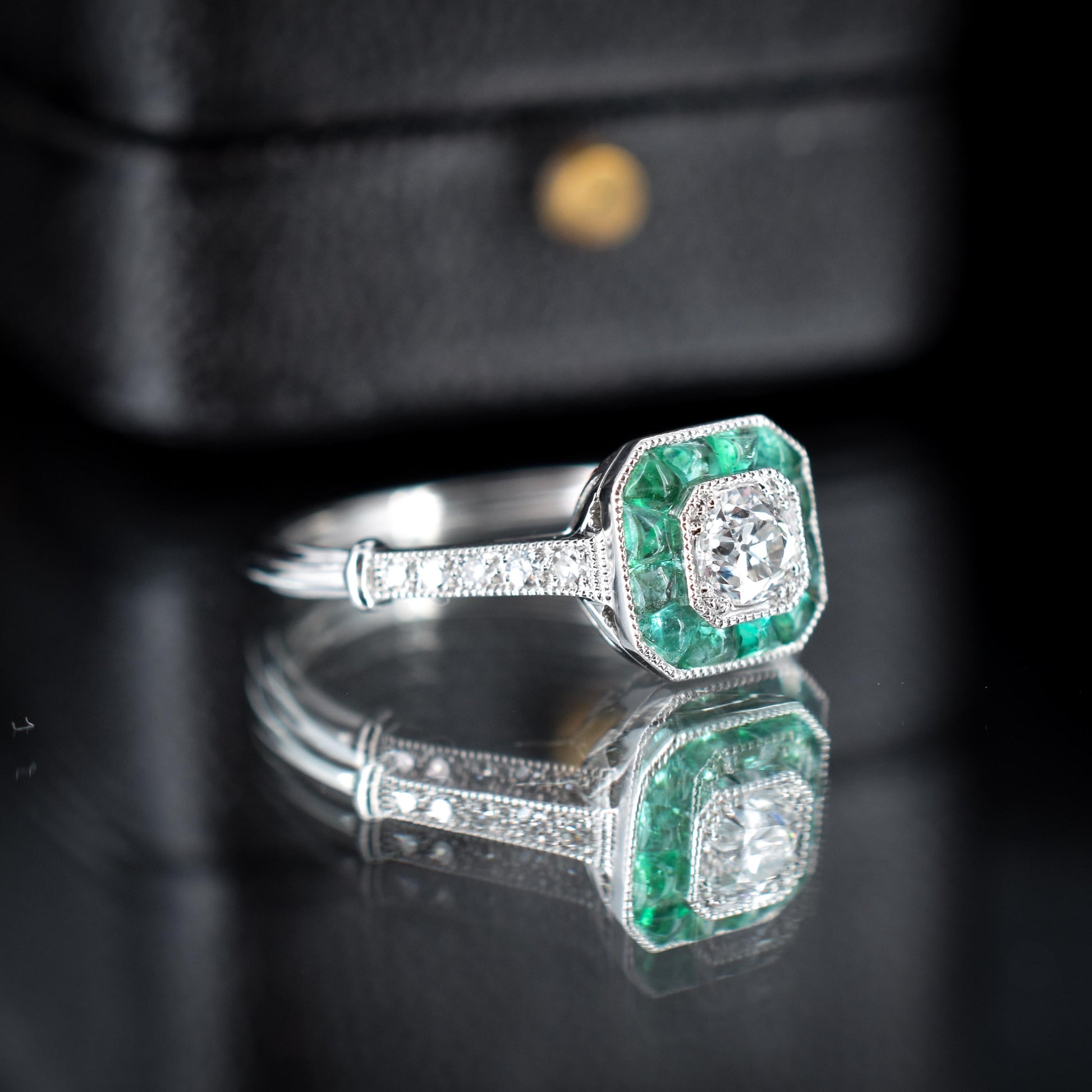 Emerald and Old Cut Diamond Cluster Halo Platinum Ring | Engagement | Art Deco Style