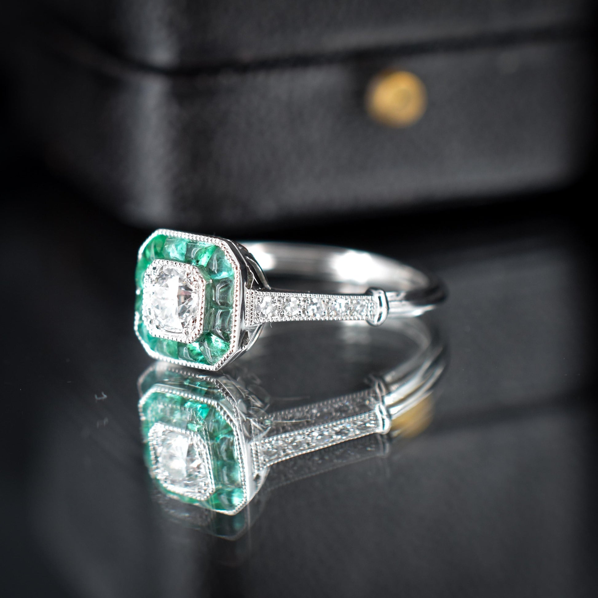 Emerald and Old Cut Diamond Cluster Halo Platinum Ring | Engagement | Art Deco Style