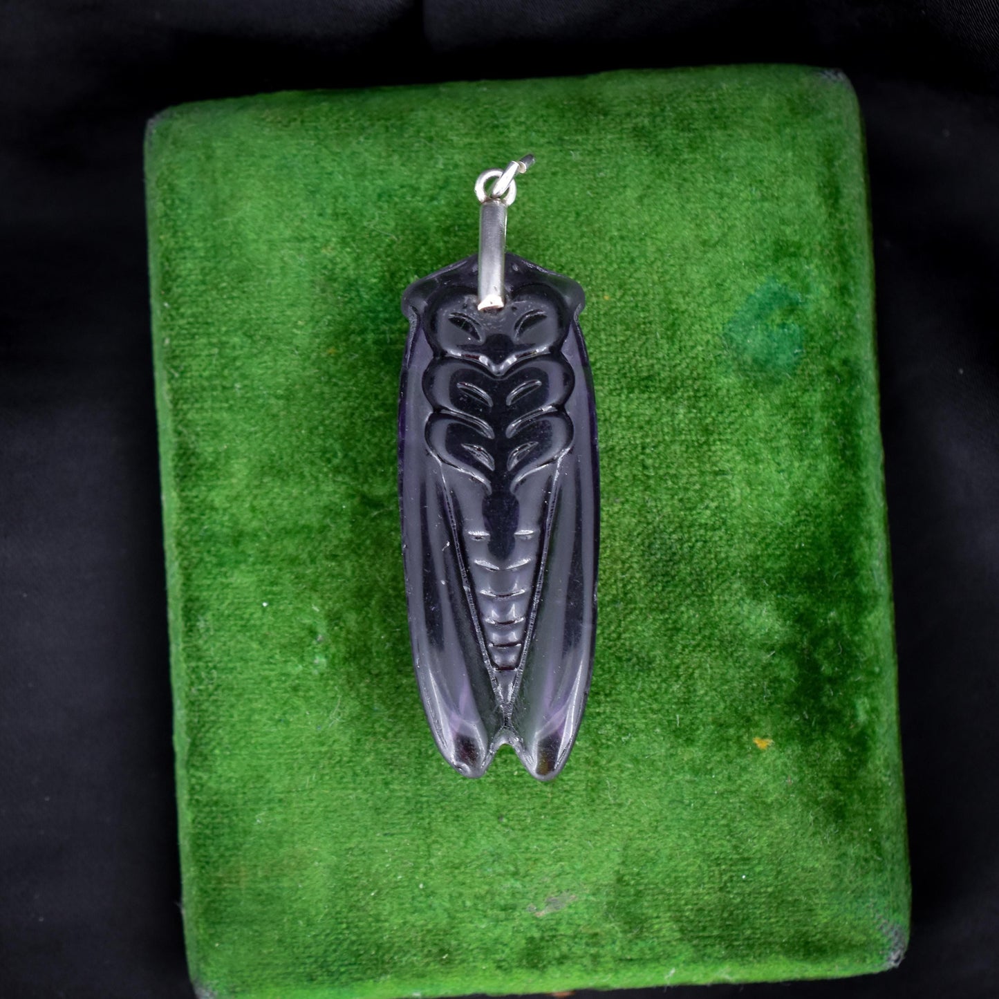 Vintage Large Amethyst Paste Cicada Fly Insect Silver Pendant