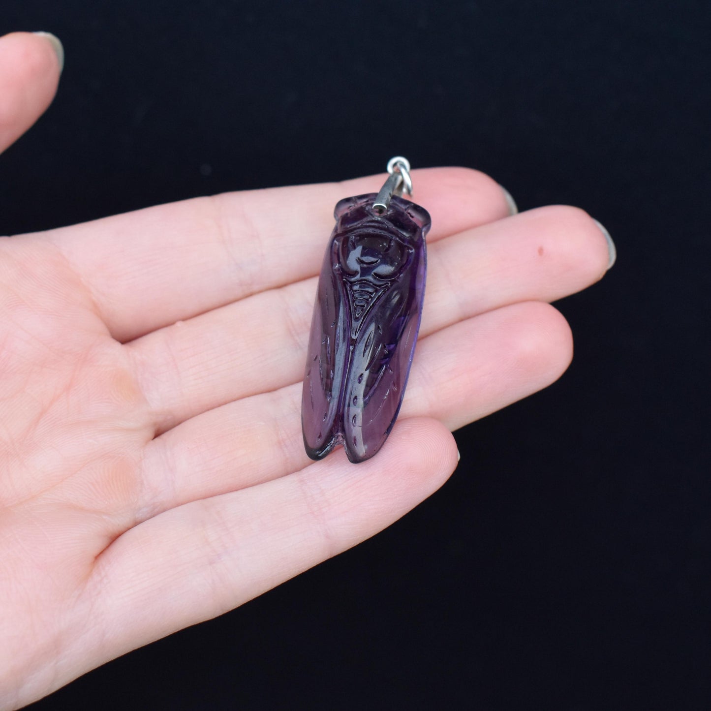 Vintage Large Amethyst Paste Cicada Fly Insect Silver Pendant