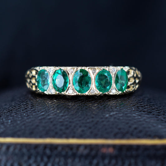 Emerald and Diamond 14ct Yellow Gold Five Stone Scroll Ring