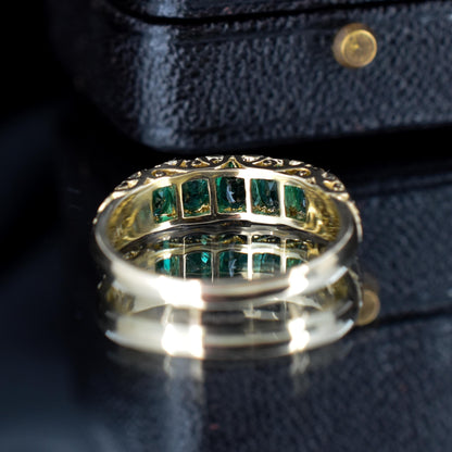 Emerald and Diamond 14ct Yellow Gold Five Stone Scroll Ring