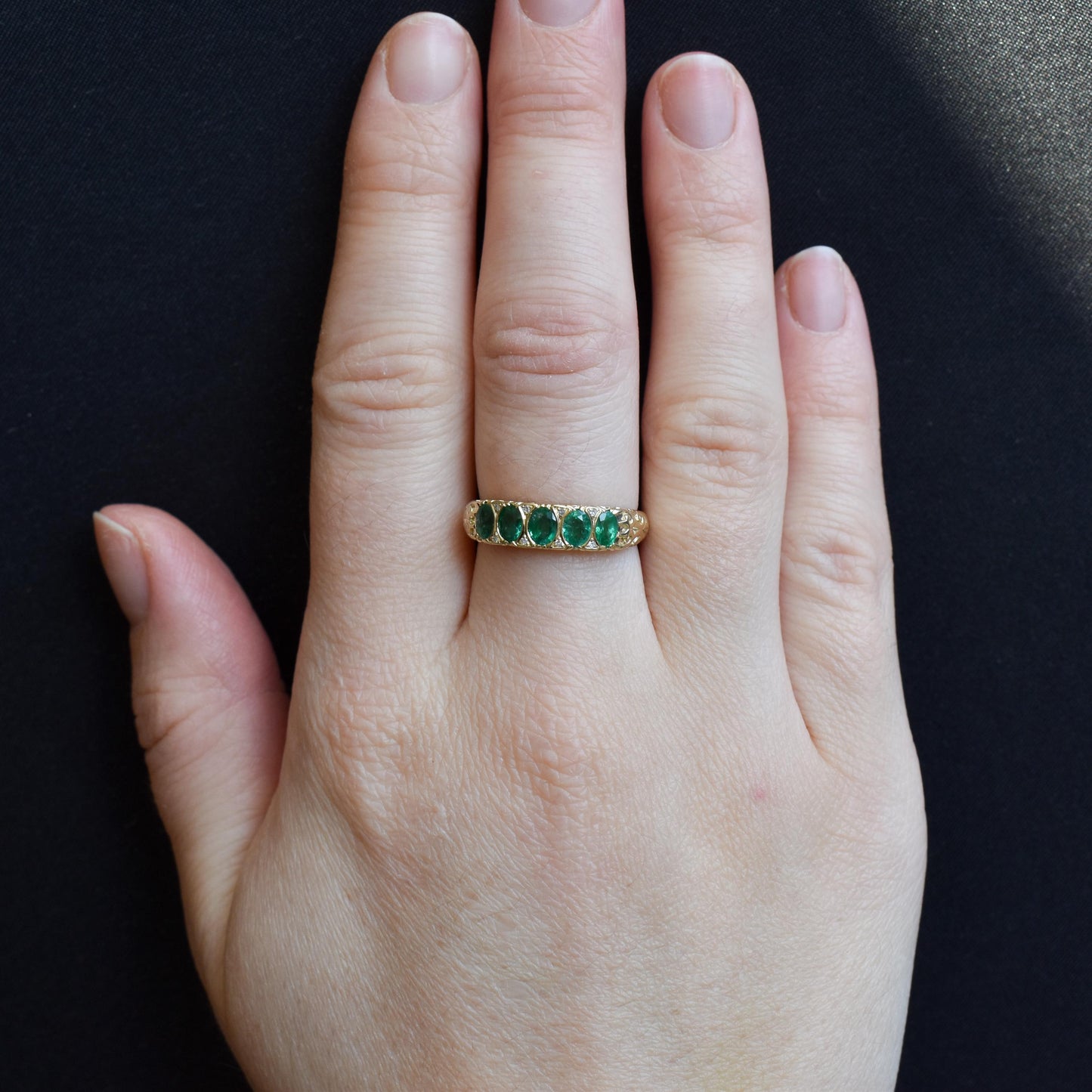 Emerald and Diamond 14ct Yellow Gold Five Stone Scroll Ring