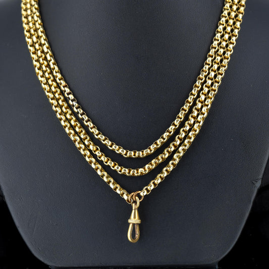 Antique Victorian Long Guard Muff Chain Rolled Gold Necklace with Dog Clip | 53"