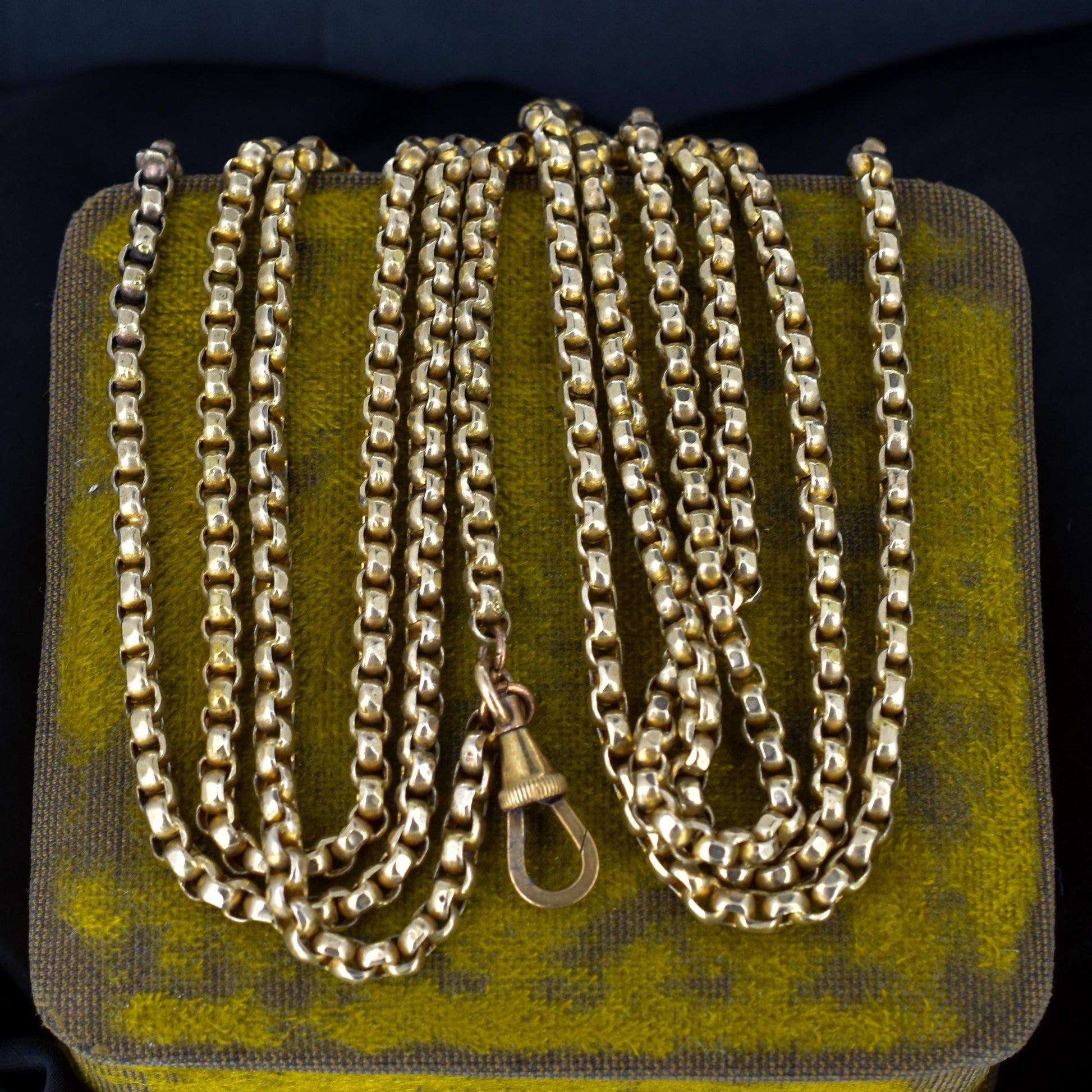 Antique Victorian Long Guard Muff Chain Rolled Gold Necklace with Dog Clip | 53"