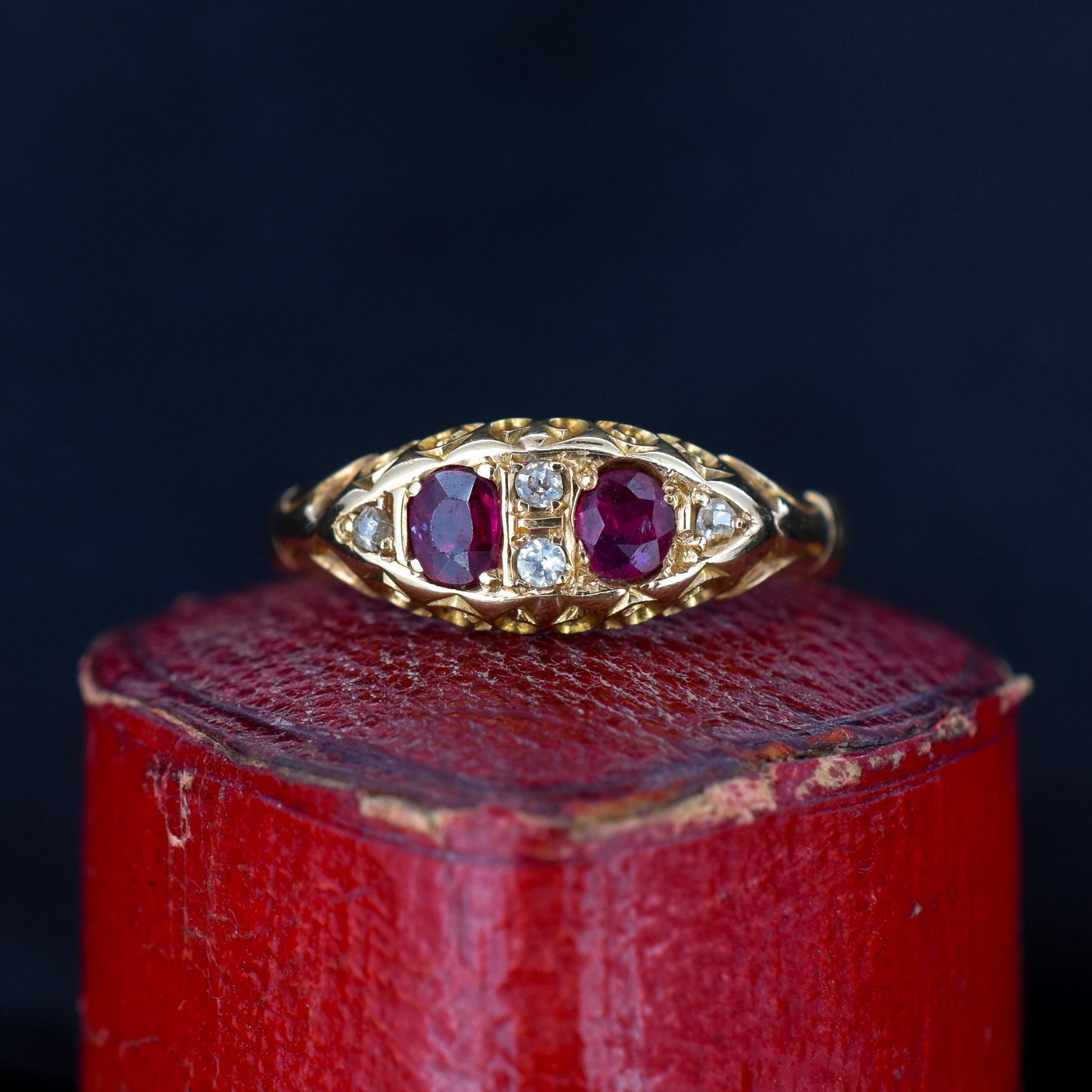 Antique Ruby and Diamond 18ct Yellow Gold Boat Ring | Birmingham 1907