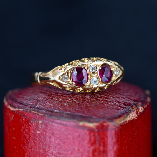 Antique Ruby and Diamond 18ct Yellow Gold Boat Ring | Birmingham 1907